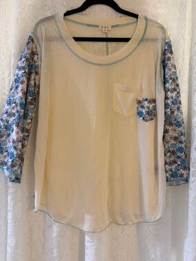 POL Cream Long-Sleeve Top with Blue Floral Sleeves